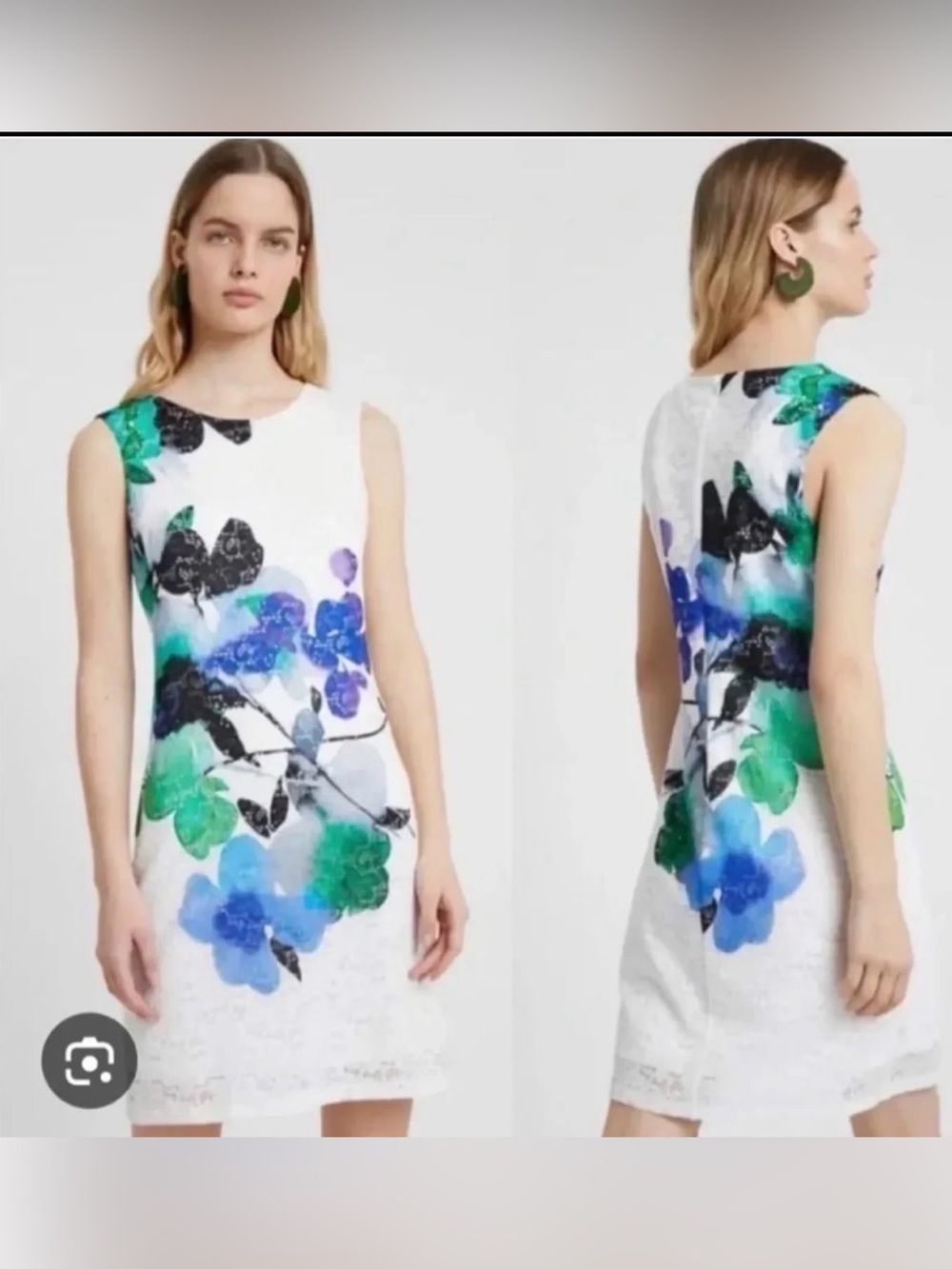 Desigual White Floral Shift Dress with Blue and Green Accents size 42